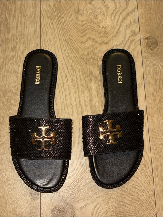 Tory Burch Shoes - Tory Burch Black Slides with Gold Logo Accent